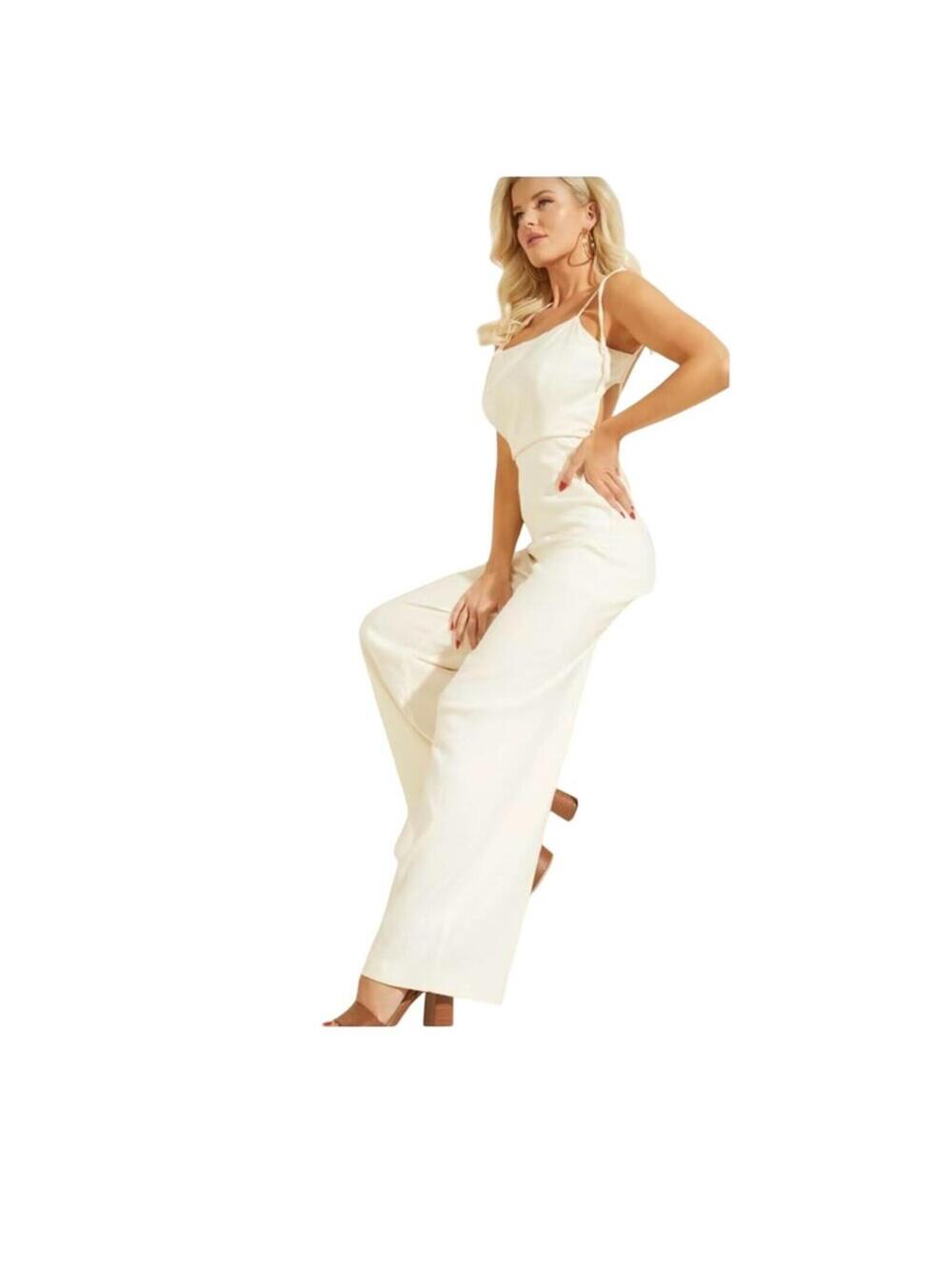 Guess Kora White halter jumpsuit Womens 10 linen square neck Bachelorette